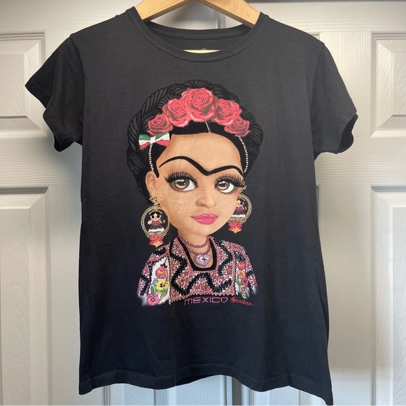 Seashore Tops - Frida Kahlo Women’s Black T-shirt Size XL Vibrant Multicolor Short Sleeve Top